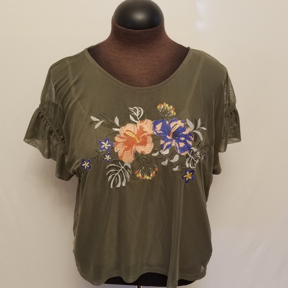 Olive Green Short Sleeved Mesh Embroidered Top M - Picture 3 of 8